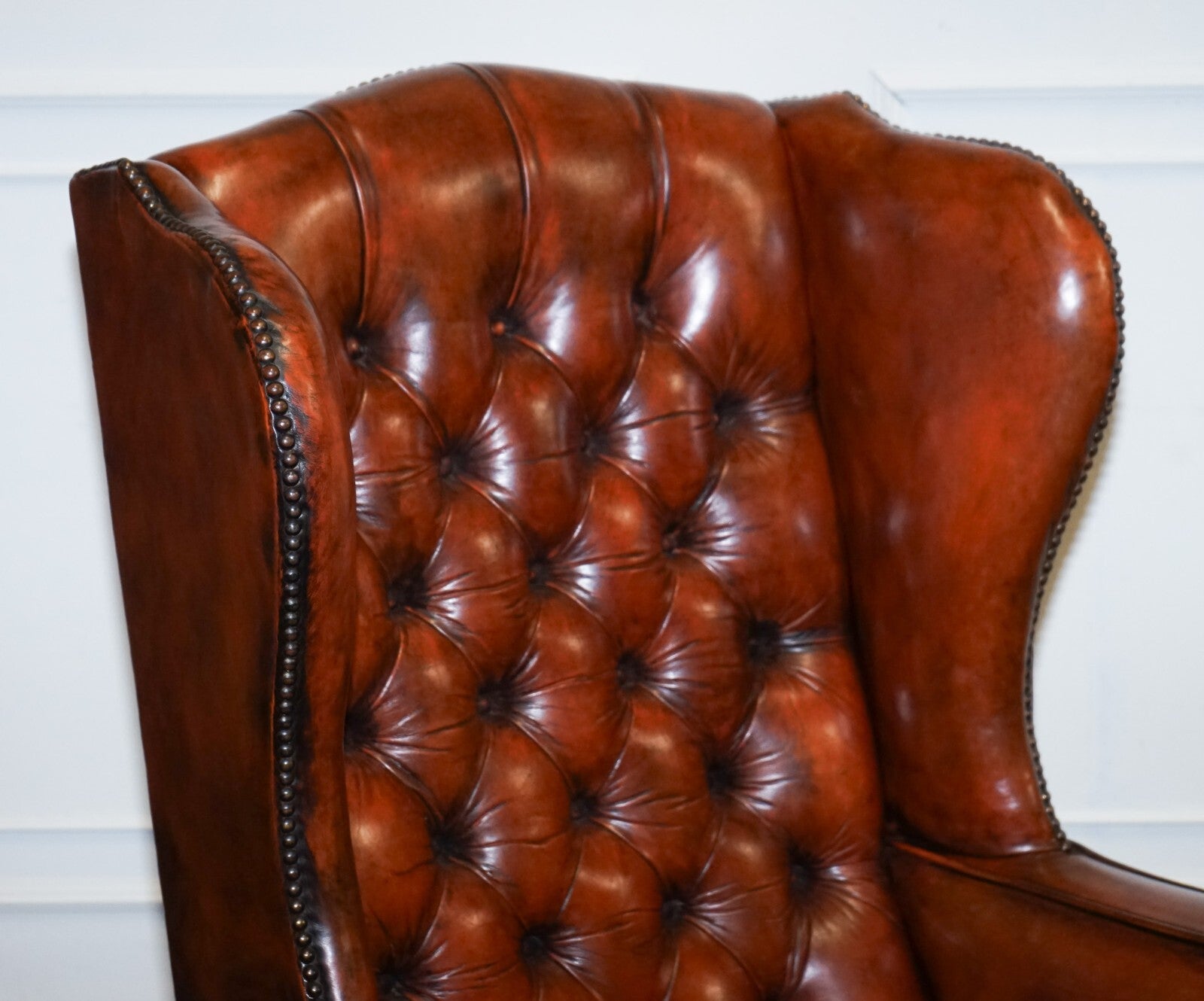 PAIR OF WILLIAM MORRIS FLAT ARM CHESTERFIELD WINGBACK BORDEAUX ARMCHAIRS
