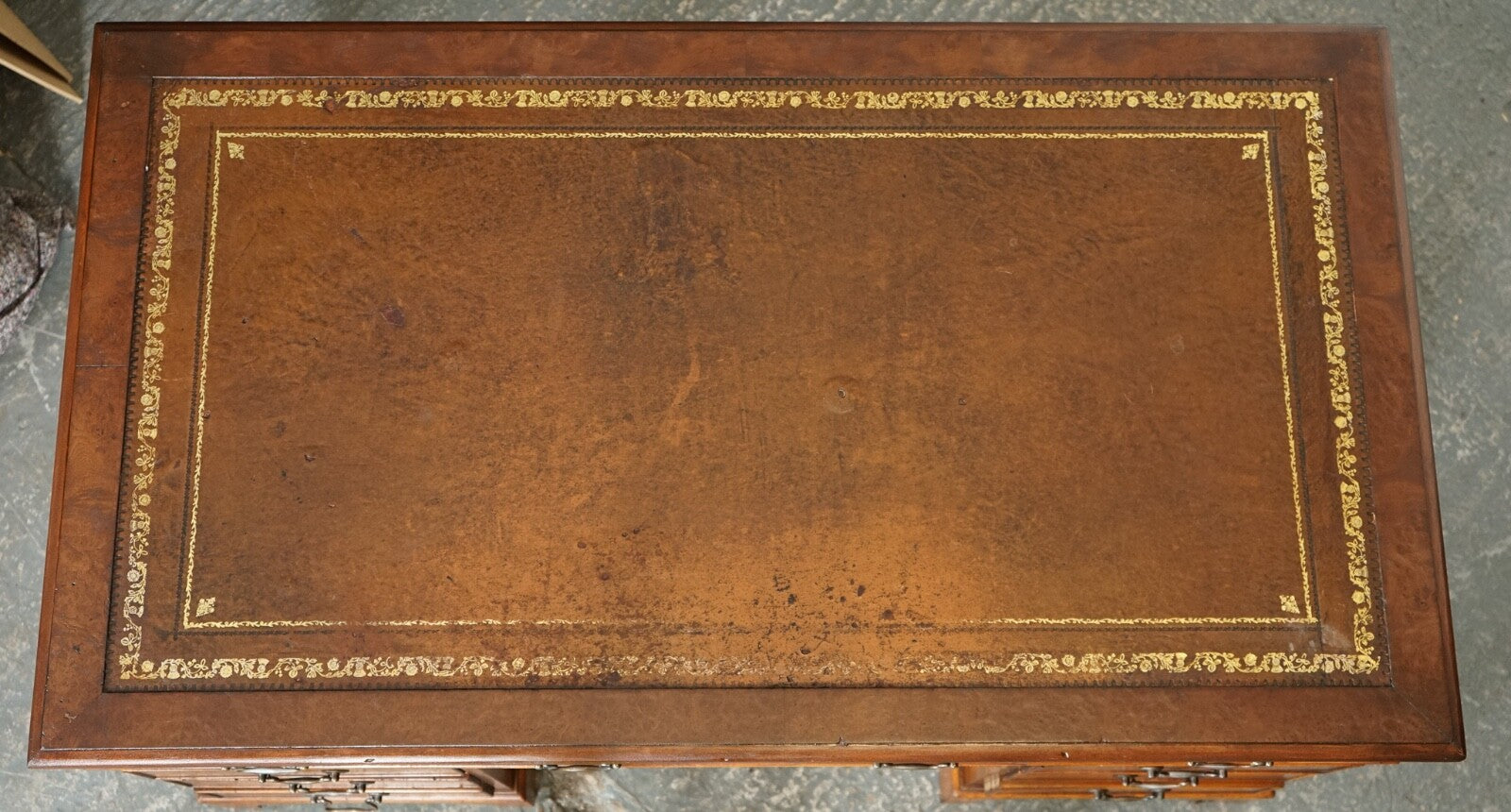 VINTAGE BURR WALNUT TWIN PEDESTAL BROWN LEATHER TOP DESK GOLD EMBOSSED TOOLING