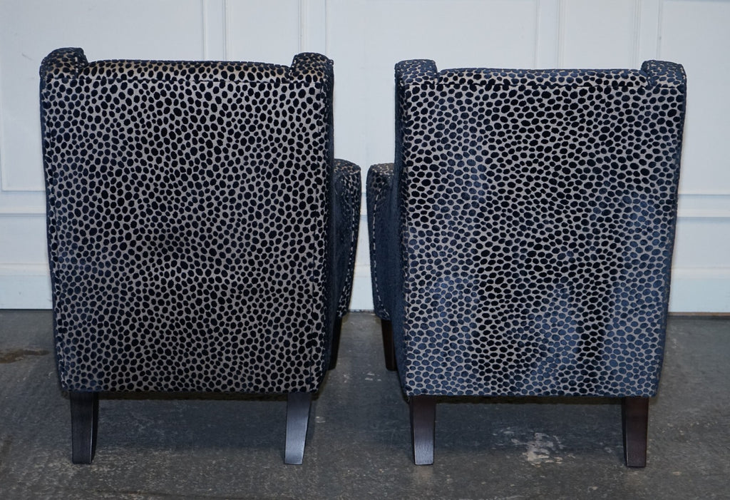 BEAUTIFUL PAIR OF NAVY BLUE LEOPARD PRINT FLAT ARM ARMCHAIRS