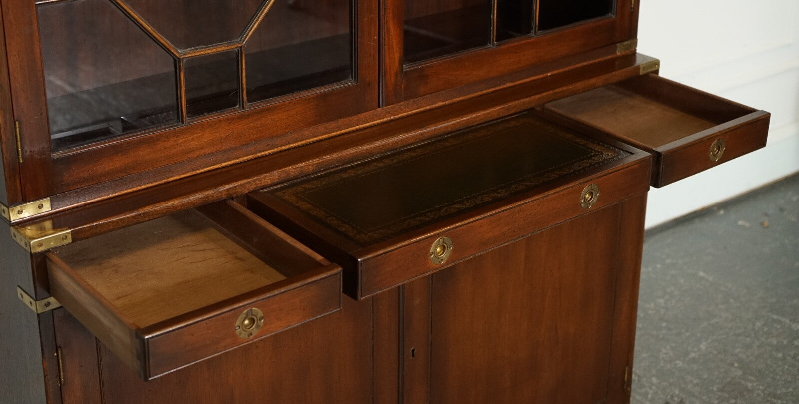 VINTAGE BEVAN FUNNELL MILITARY CAMPAIGN ASTRAL GLAZED LIBRARY DISPLAY CABINET