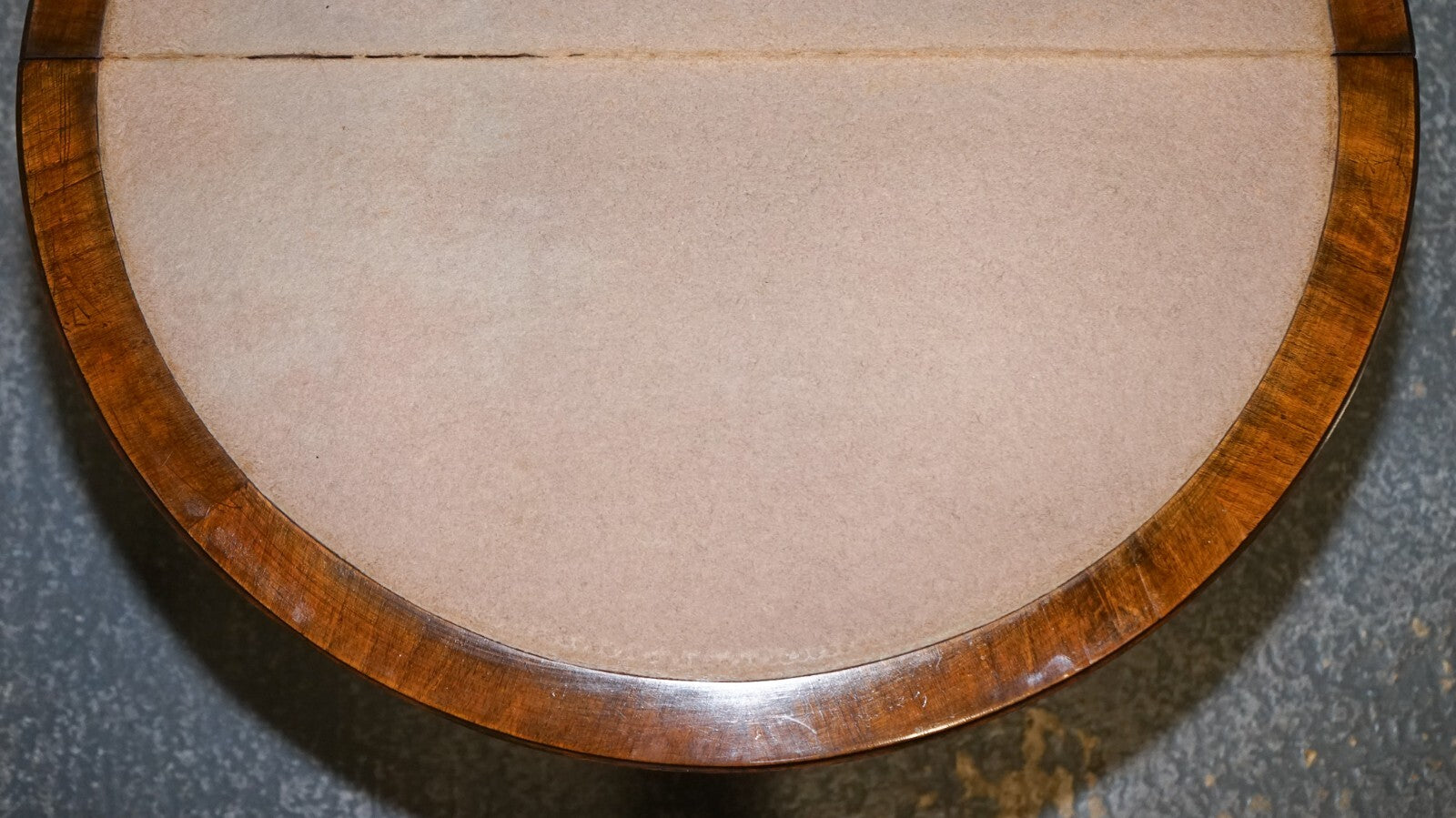 ANTIQUE BURR WALNUT DEMI LUNE CARD GAMES SIDE OCCASIONAL TABLE