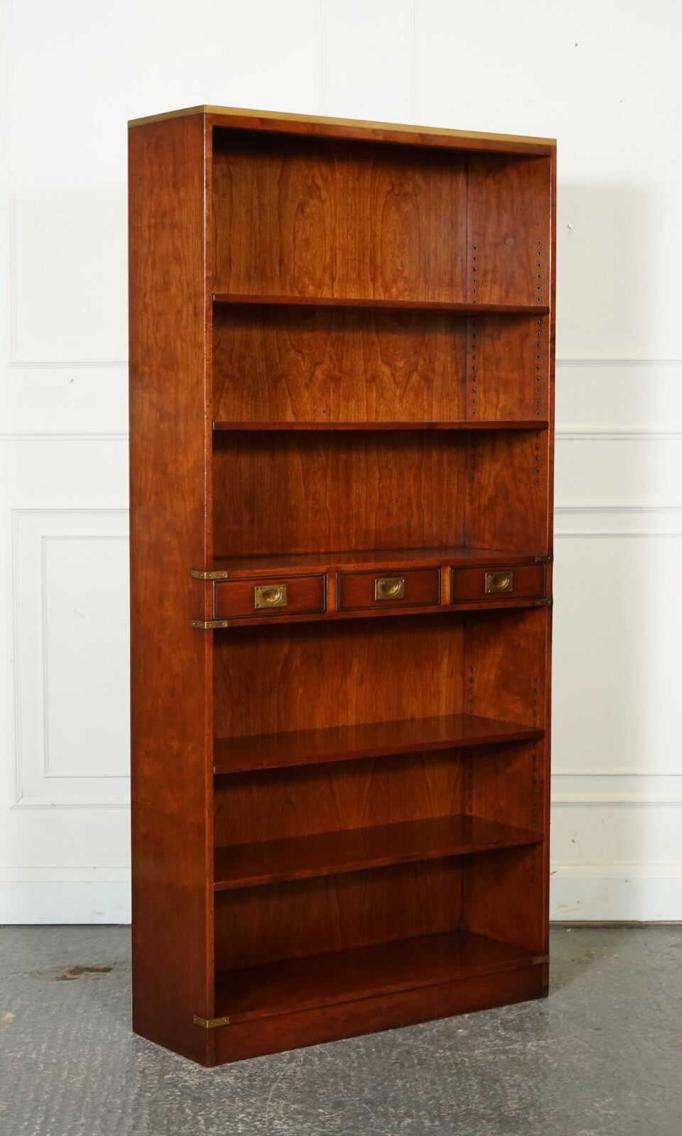 HARRODS LONDON KENNEDY THREE DRAWERS BURR YEW WOOD & BRASS MILITARY BOOKCASE