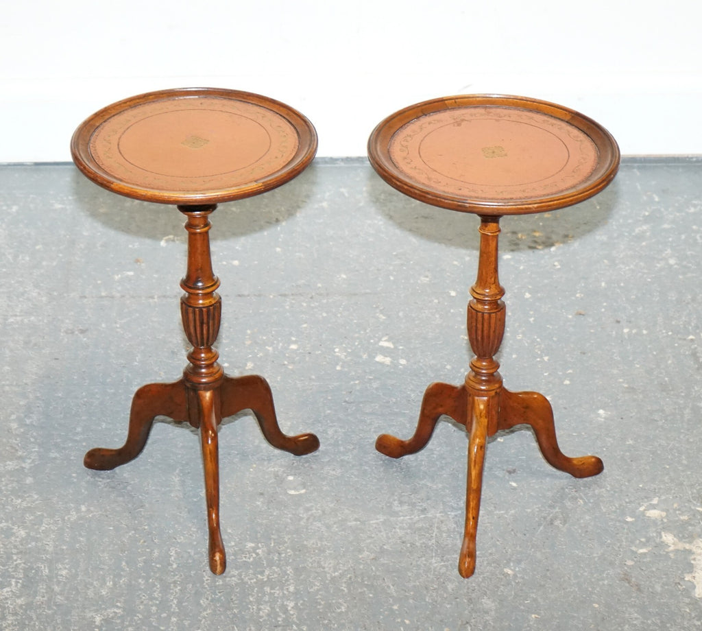 ANTIQUE 1920's MATCHED BROWN LEATHER TOP PAIR OF WINE END SIDE TABLE TRIPOD BASE