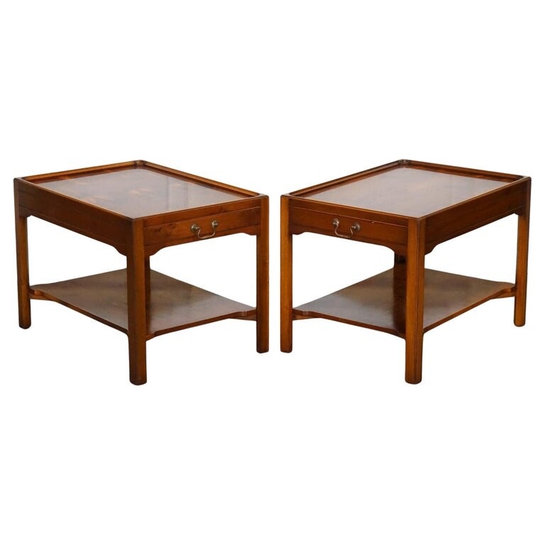VINTAGE PAIR OF BEVAN FUNNELL YEW WOOD TWO TIERED SIDE LAMP SIDE TABLES
