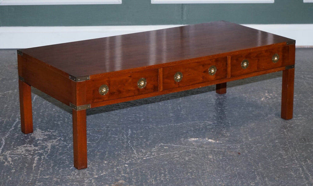 RESTORED BURR YEW & ELM BRASS MILITARY CAMPAIGN 3 DRAWER COFFEE TABLE