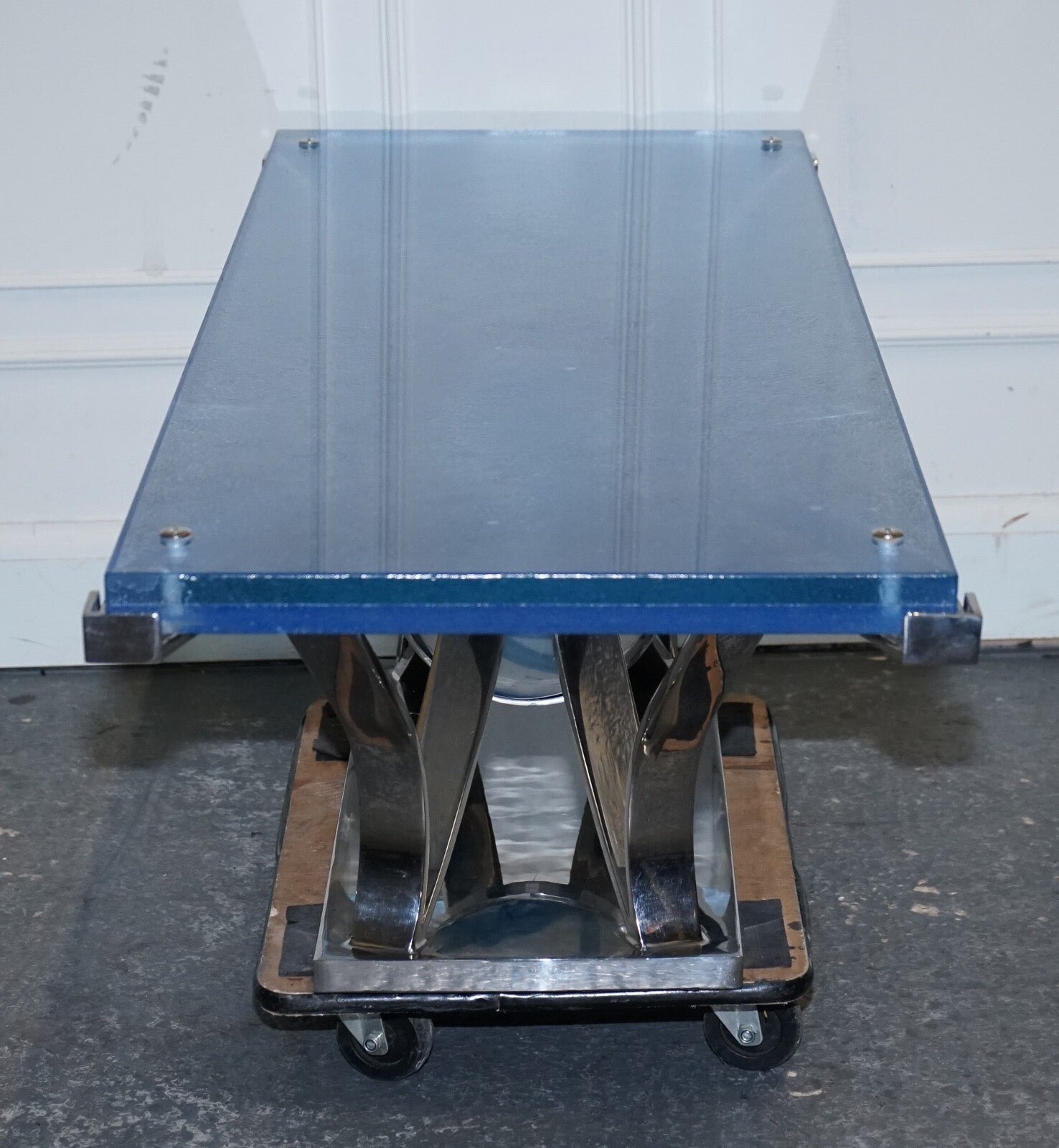 RARE CUSTOM HAND MADE GLASS MARINE GRADE STAINLESS STEEL COFFEE TABLE BY SOLIART