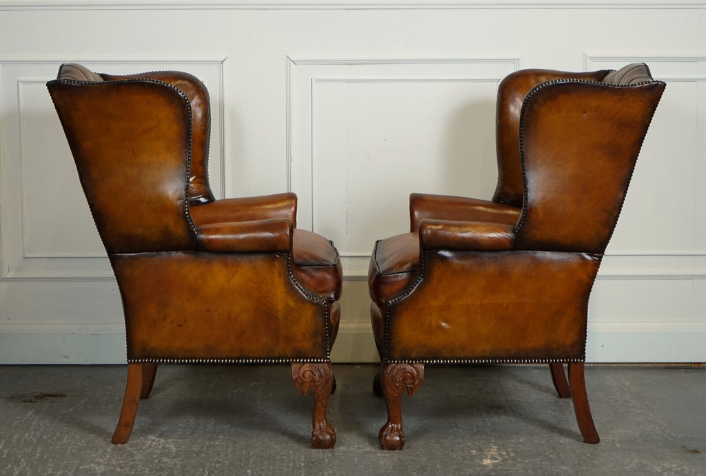 RESTORED PAIR OF HAND DYED BROWN LEATHER CHESTERFiELD WINGBACK ARMCHAIRS