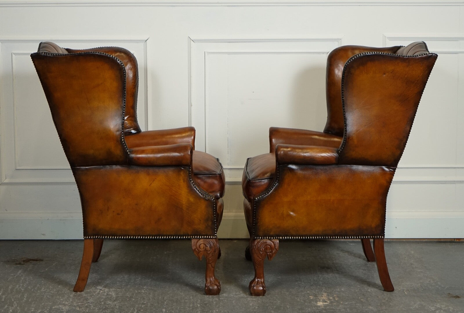 RESTORED PAIR OF HAND DYED BROWN LEATHER CHESTERFiELD WINGBACK ARMCHAIRS