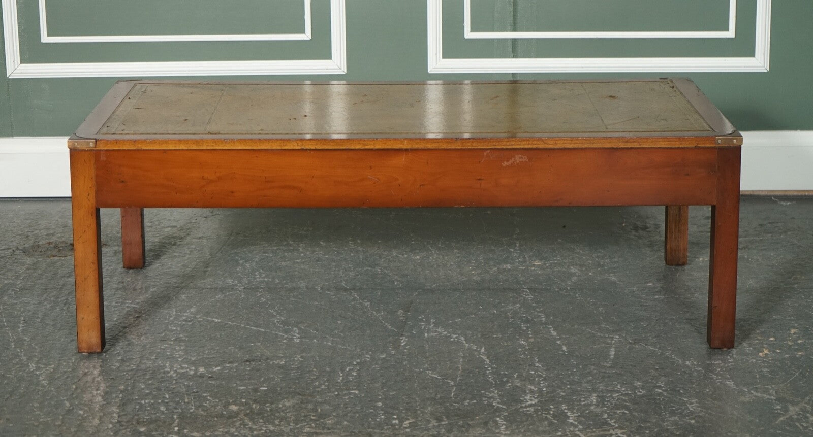 VINTAGE YEW WOOD MILITARY CAMPAIGN COFFEE TABLE WITH EMBOSSED LEATHER