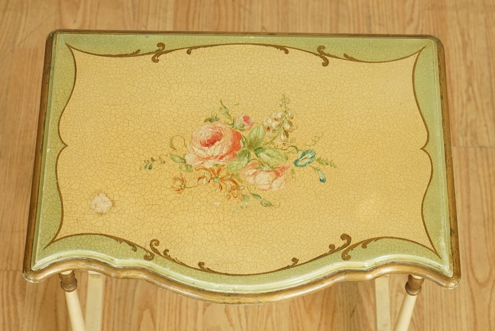 VINTAGE FRENCH HAND PAINTED FLORAL NEST OF TABLES