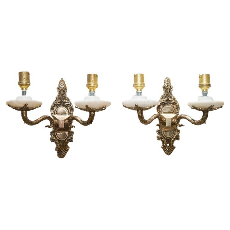 1960'S PAIR OF ALABASTER & BRASS TWIN WALL LIGHTS