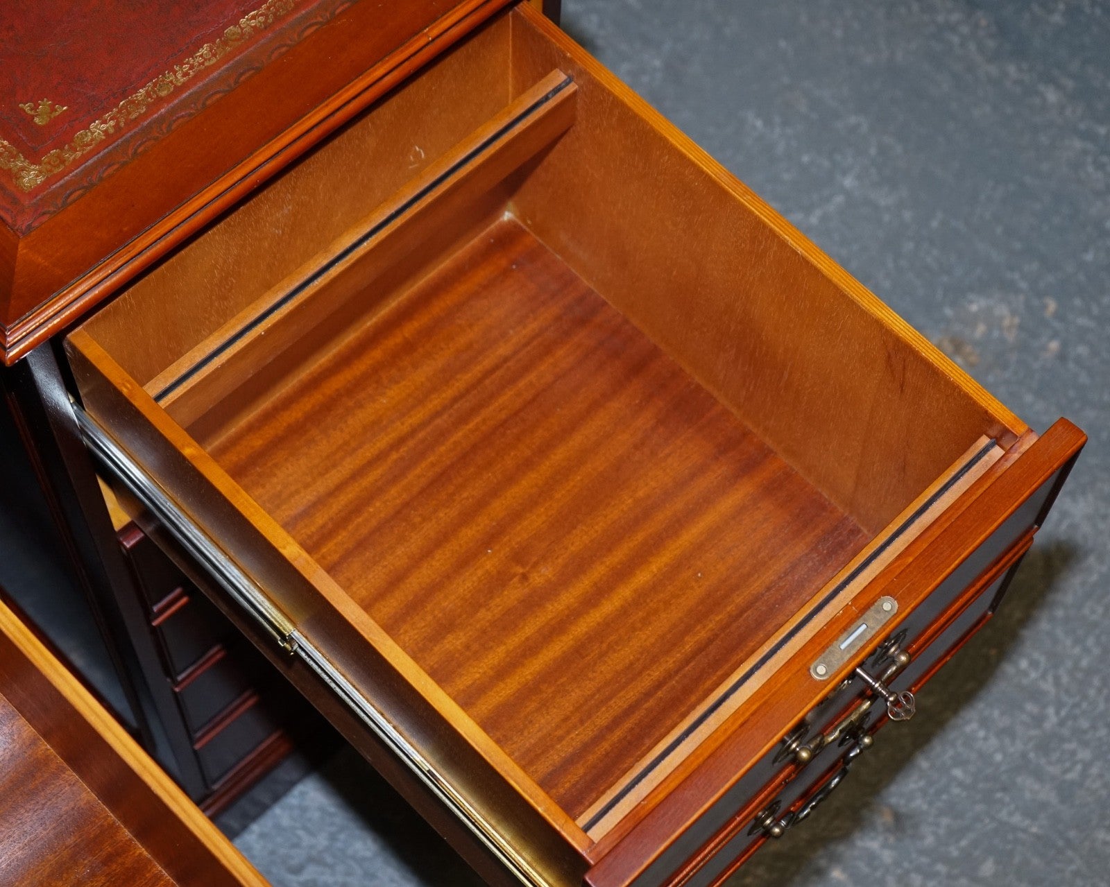 PAIR OF FILLING CABINETS BURGUNDY LEATHER GOLD EMBOSSED TOP 3 SPACIOUS DRAWERS