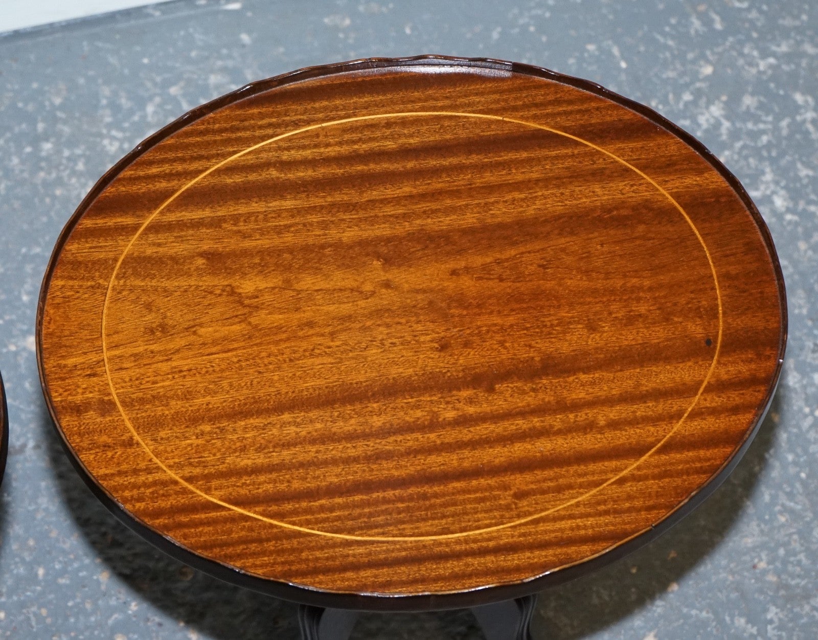 VINTAGE PAIR OF MAHOGANY SIDE END WINE TABLE WITH GALLERY RAIL PIE CRUST BORDER