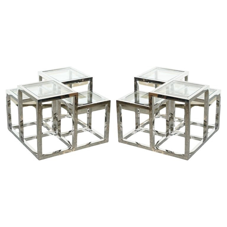 PAIR OF CASA PADRINO ART DECO STYLE GLASS POLISHED STAINLESS STEEL SIDE TABLES