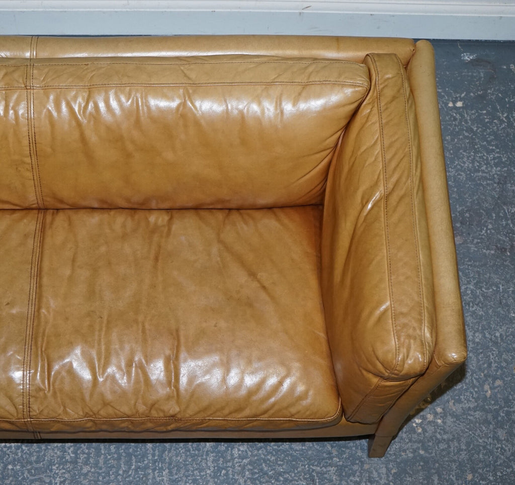 VERY COMFORTABLE CONTEMPORARY HALO GROUCHO BROWN TAN LEATHER TWO TO THREE SOFA