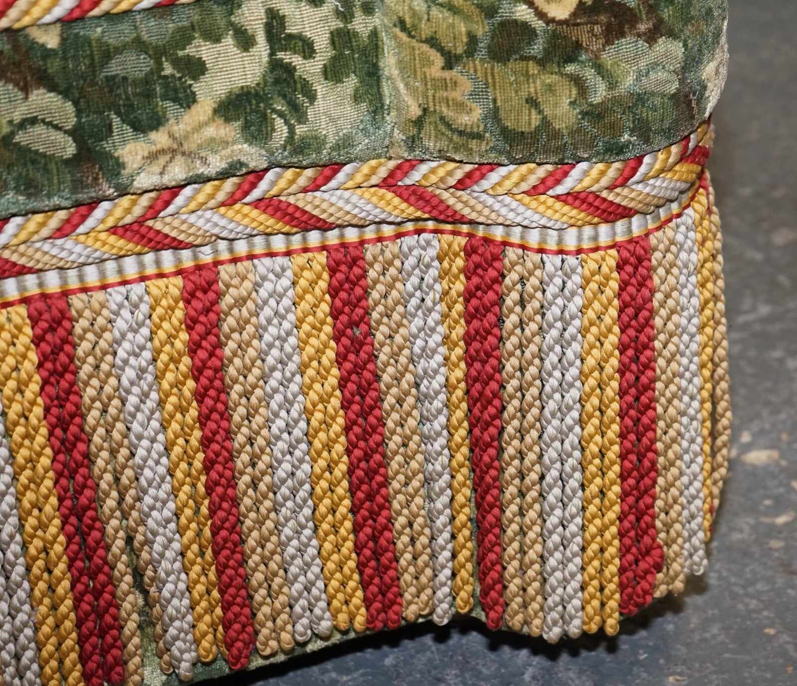 VINTAGE GREAT HARDWICKE TAPESTRY FABRIC OTTOMAN WITH TASSELS AND FRINGE