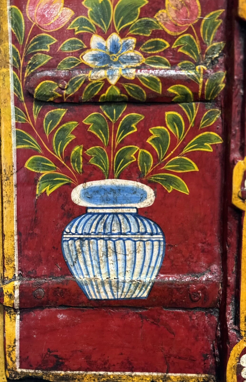 OLD INDiAN PAINTED WOOD WINDOW FRAME FLOWER AND VASE