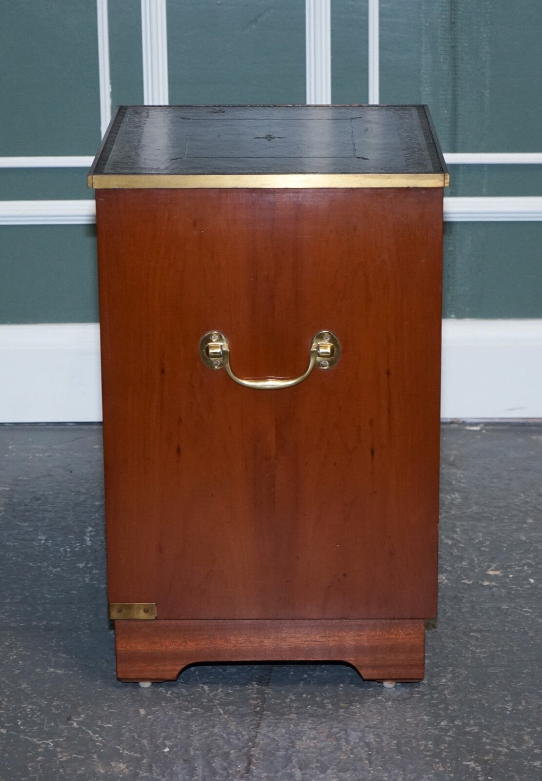 MILITARY CAMPAIGN BEDSIDE NIGHTSTAND END TABLE GREEN LEATHER TOP