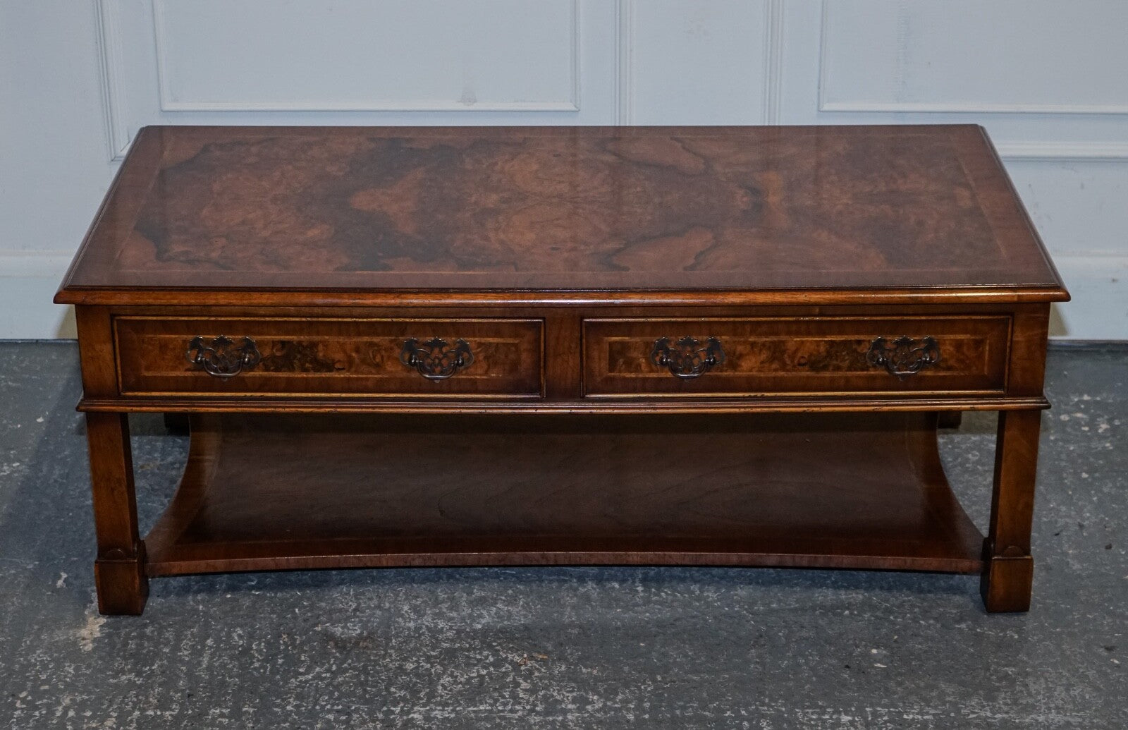 VINTAGE BRIGHTS OF NETTLEBED BURR WALNUT COFFEE TABLE WITH TWO DEEP DRAWERS