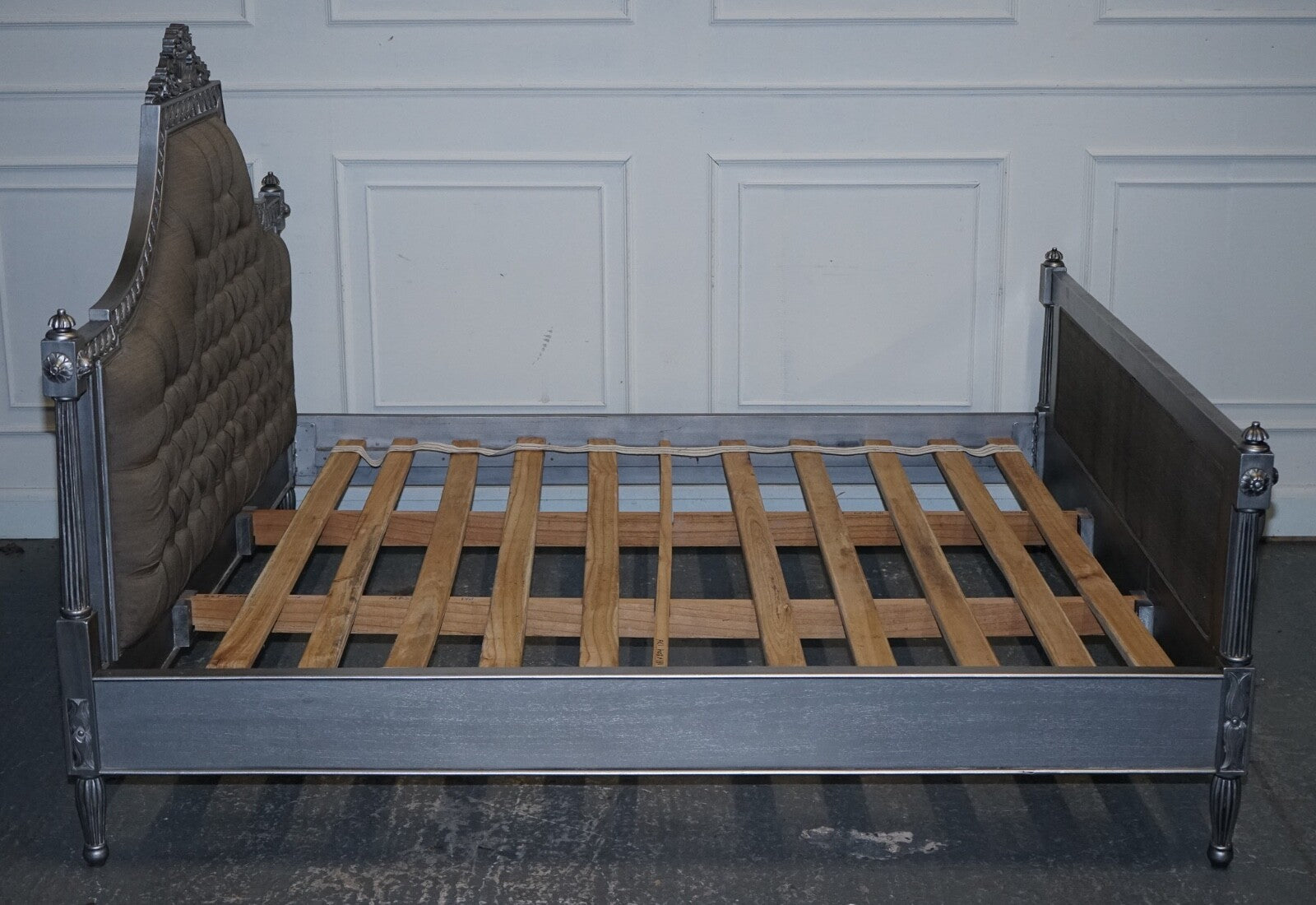 BEAUTIFUL FRENCH SILVER FRAME BUTTON BACKED KING SIZE WOODEN BED FRAME