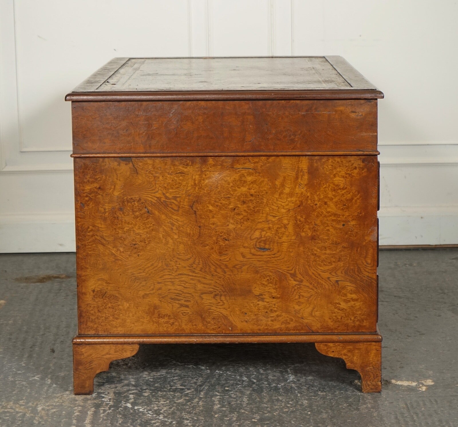 VINTAGE BURR WALNUT TWIN PEDESTAL BROWN LEATHER TOP DESK GOLD EMBOSSED TOOLING