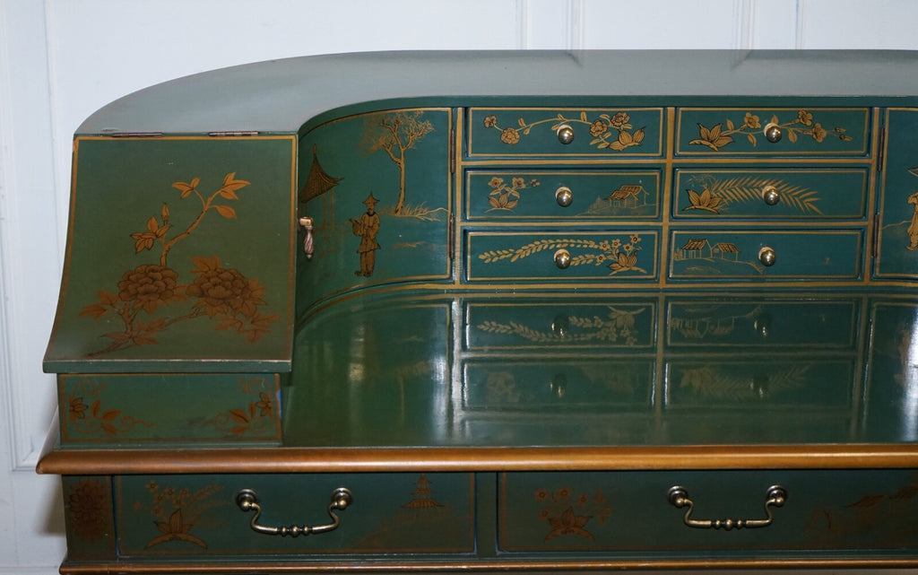 ORIENTAL CHINOISERIE GREEN & GOLD CARLTON DESK WITH MATCHING ARMCHAIR