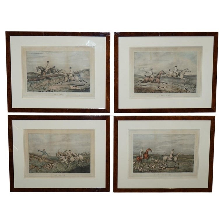 SET OF FOUR PRINTS BURR WALNUT FRAMES IN THE MANNER OF HENRY THOMAS ALKEN