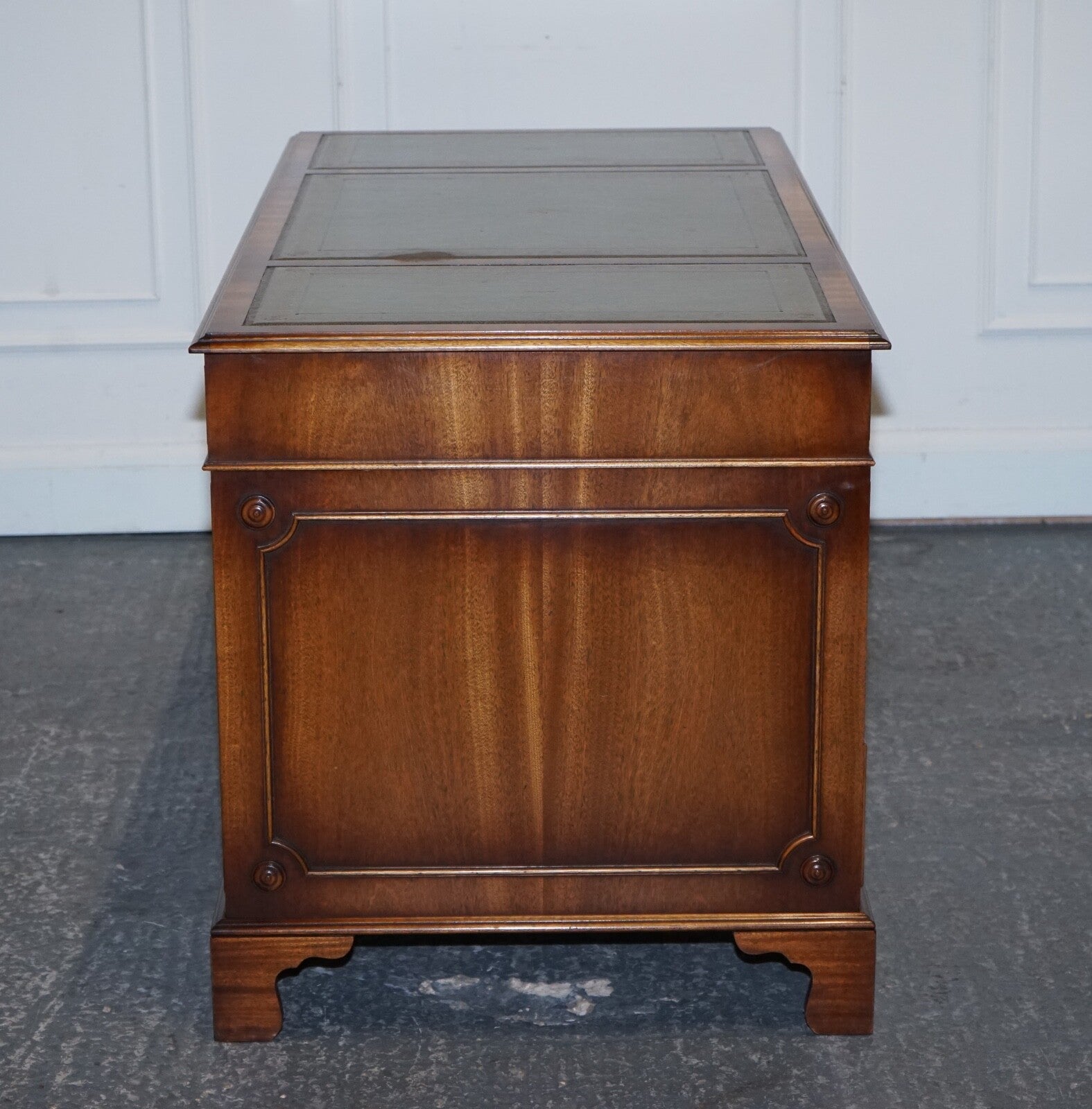 VINTAGE BEVAN FUNNELL SAGE BLUE GOLD EMBOSSED LEATHER TOP PEDESTAL DESK