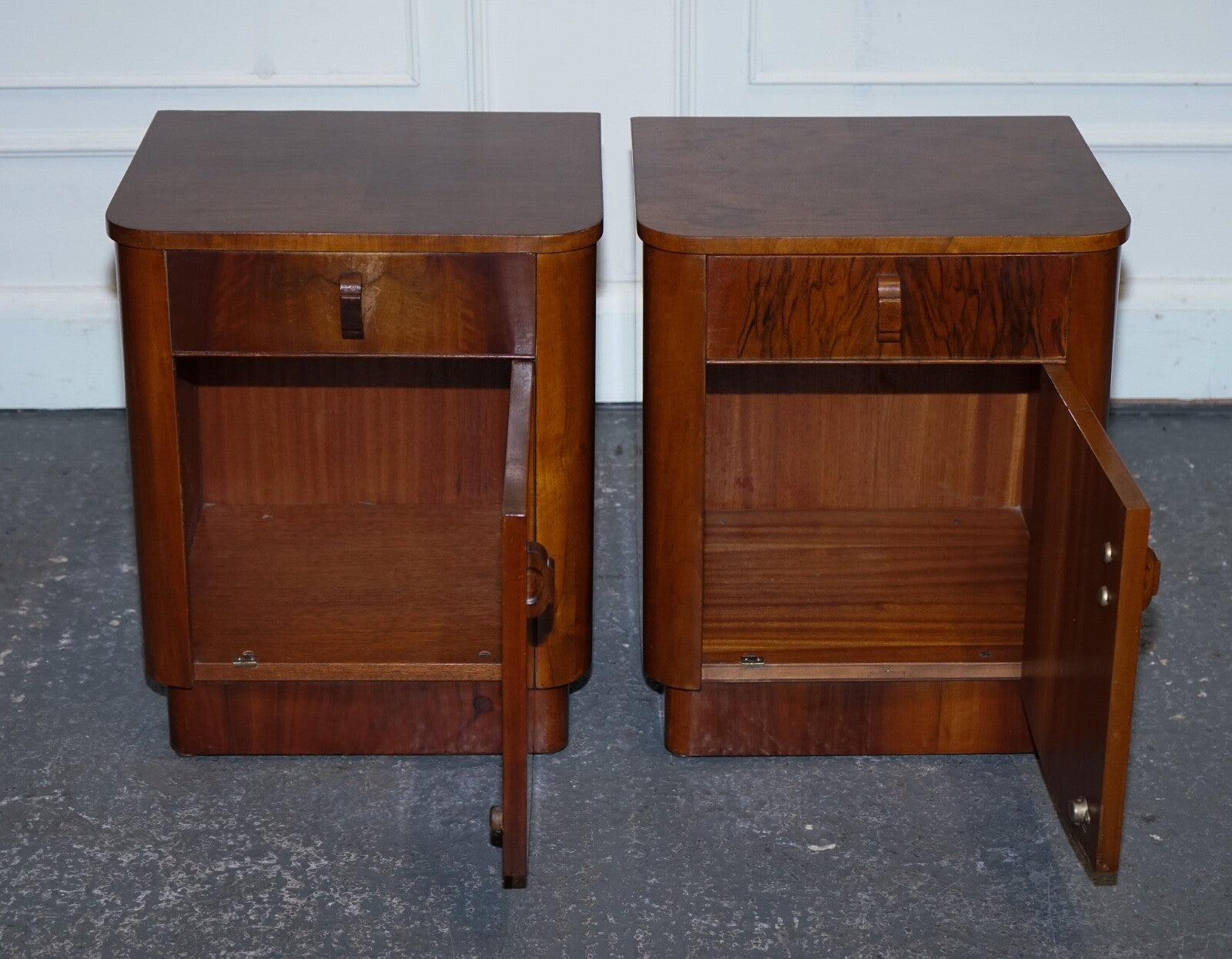 PAIR OF 1930'S ART DECO BURR WALNUT BEDSIDE TABLES NIGHTSTANDS DRAWER & CUPBOARD