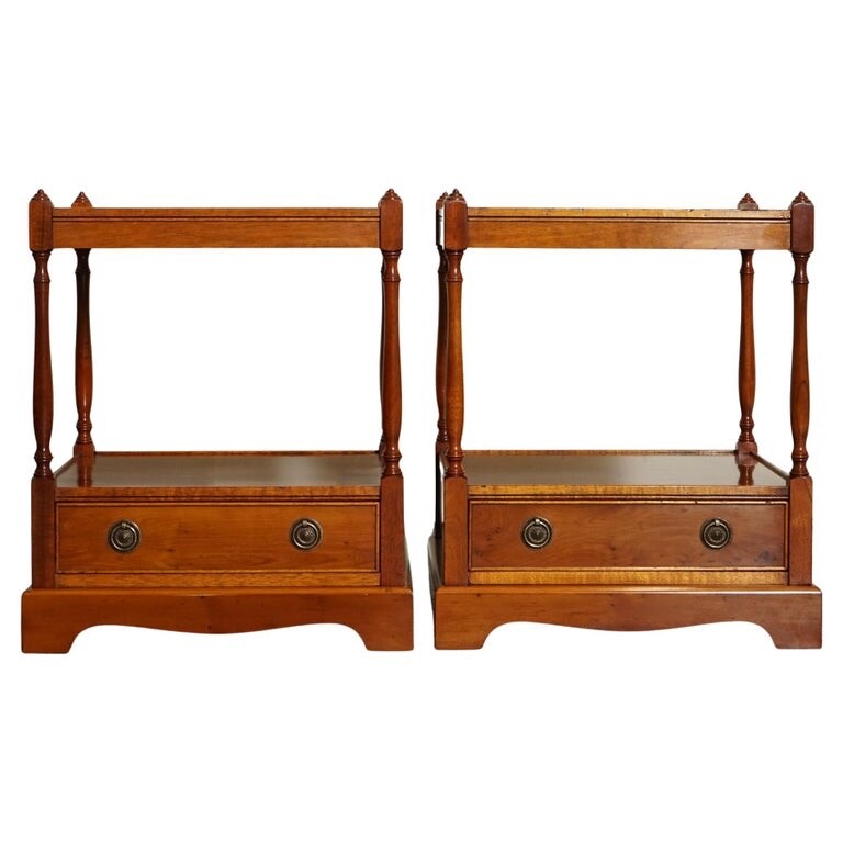 PAIR OF YEW WOOD TWO TIER GEORGIAN STYLE BEDSIDE SIDE END WINE LAMP TABLES