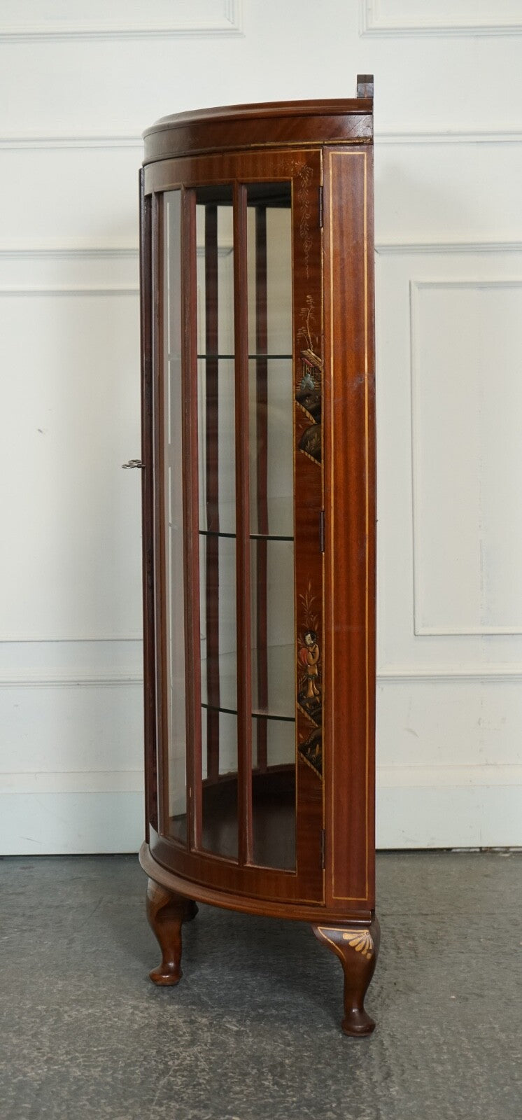 ORIENTAL CHINESE DWARF BOW FRONT DISPLAY CABINET WITH GLASS SHELVES