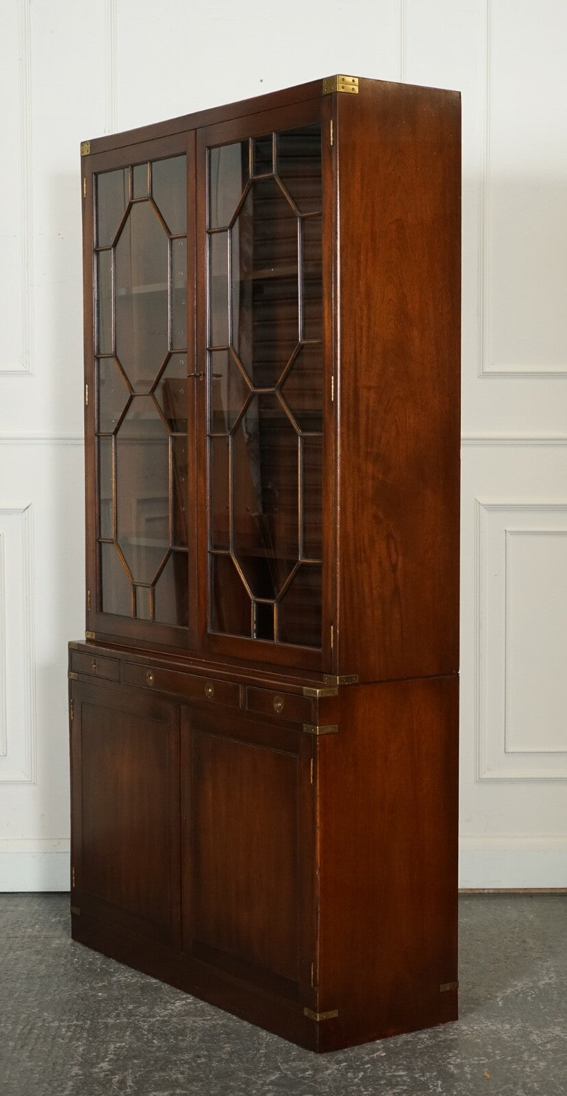 VINTAGE BEVAN FUNNELL MILITARY CAMPAIGN ASTRAL GLAZED LIBRARY DISPLAY CABINET