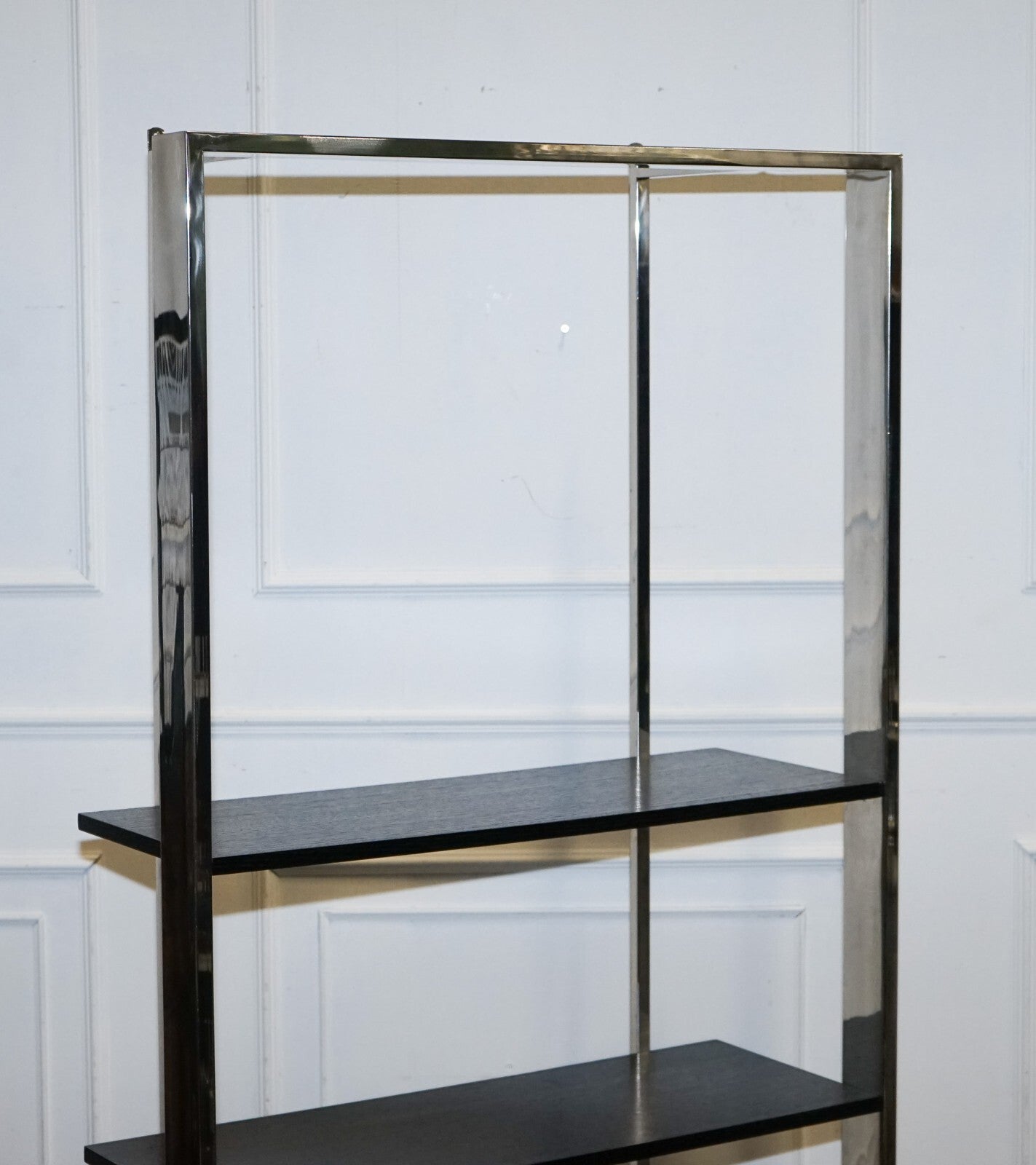 POLISHED STAINLESS STEEL BLACK AND SILVER ART DECO STYLE BOOKCASE SHELF DISPLAY