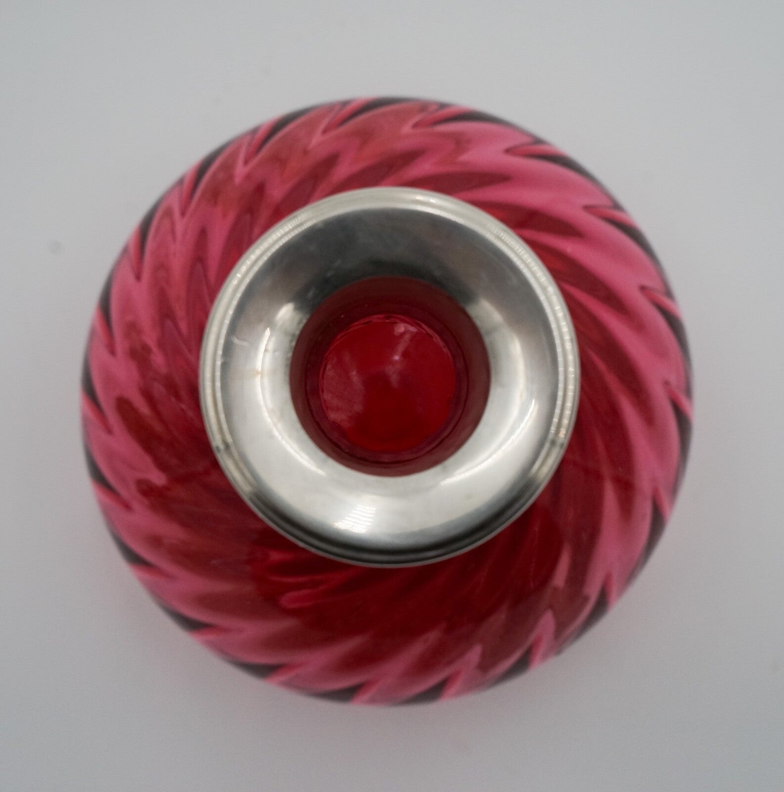 SILVER COLLARED HAND BLOWN CRANBERRY CRYSTAL DECANTER HARDWICKE COLLECTION