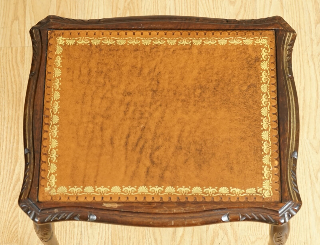 MAHOGANY NEST OF TABLES QUEEN ANNE STYLE LEGS WITH BROWN EMBOSSED LEATHER TOP