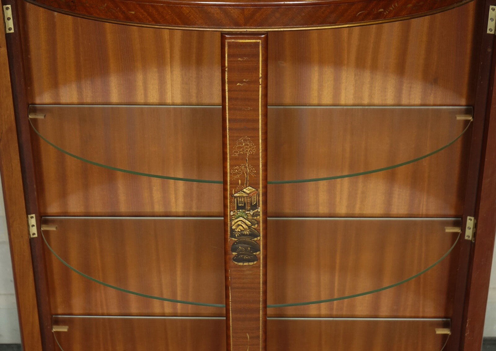 ORIENTAL CHINESE DWARF BOW FRONT DISPLAY CABINET WITH GLASS SHELVES