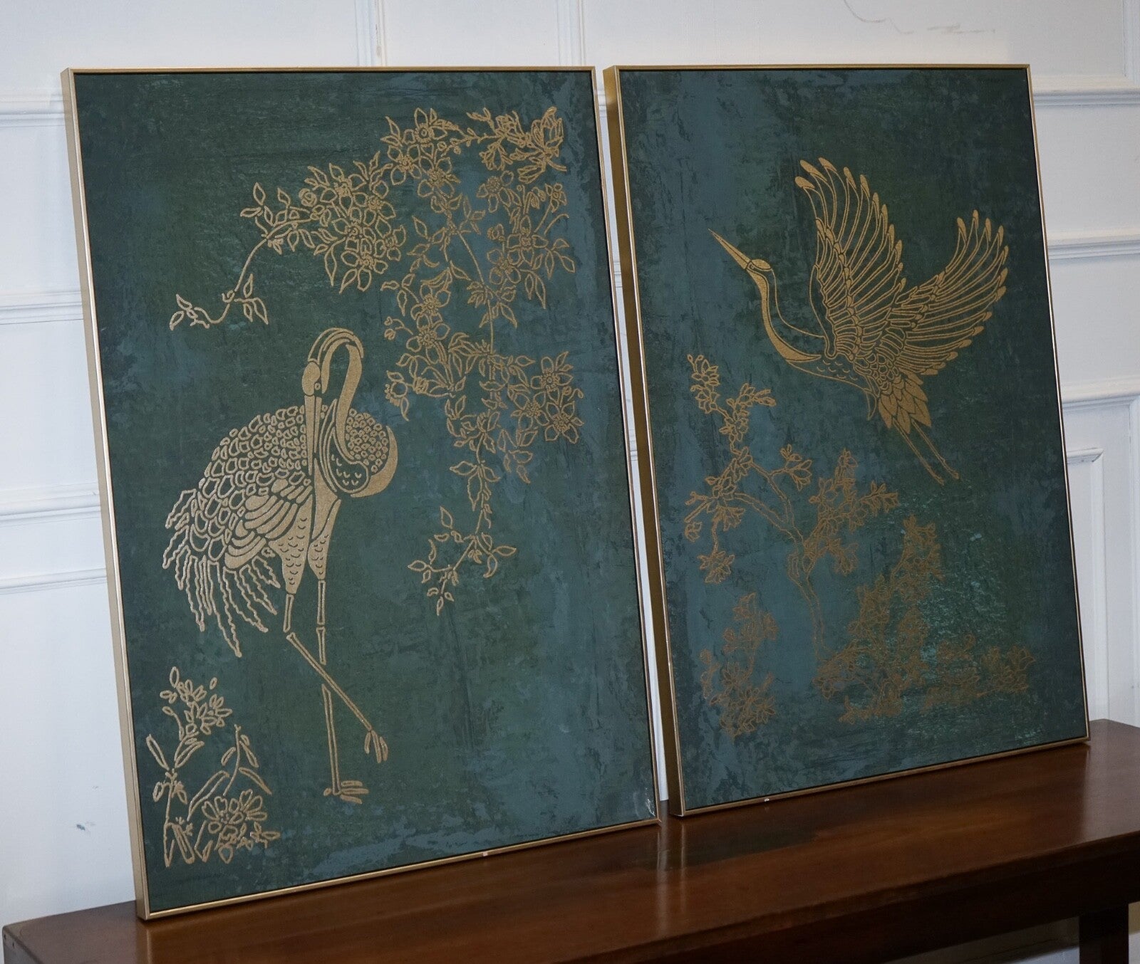 LOVELY PAIR OF PEACOCK ROOM ART PRINTS WALL DECOR TORQUOISE AND GOLD FRAMES