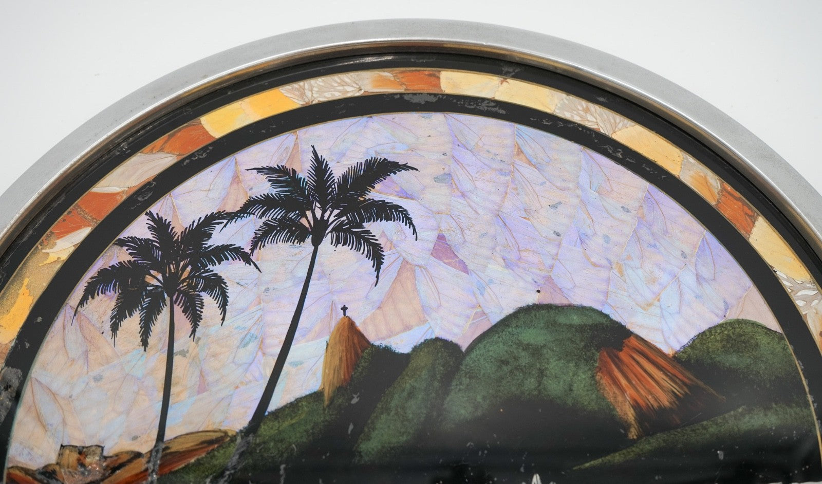VINTAGE CIRCULAR BRAZILIAN RIO DE JANEIRO METAL TRAY REAL MORPHO BUTTERFLY WINGS