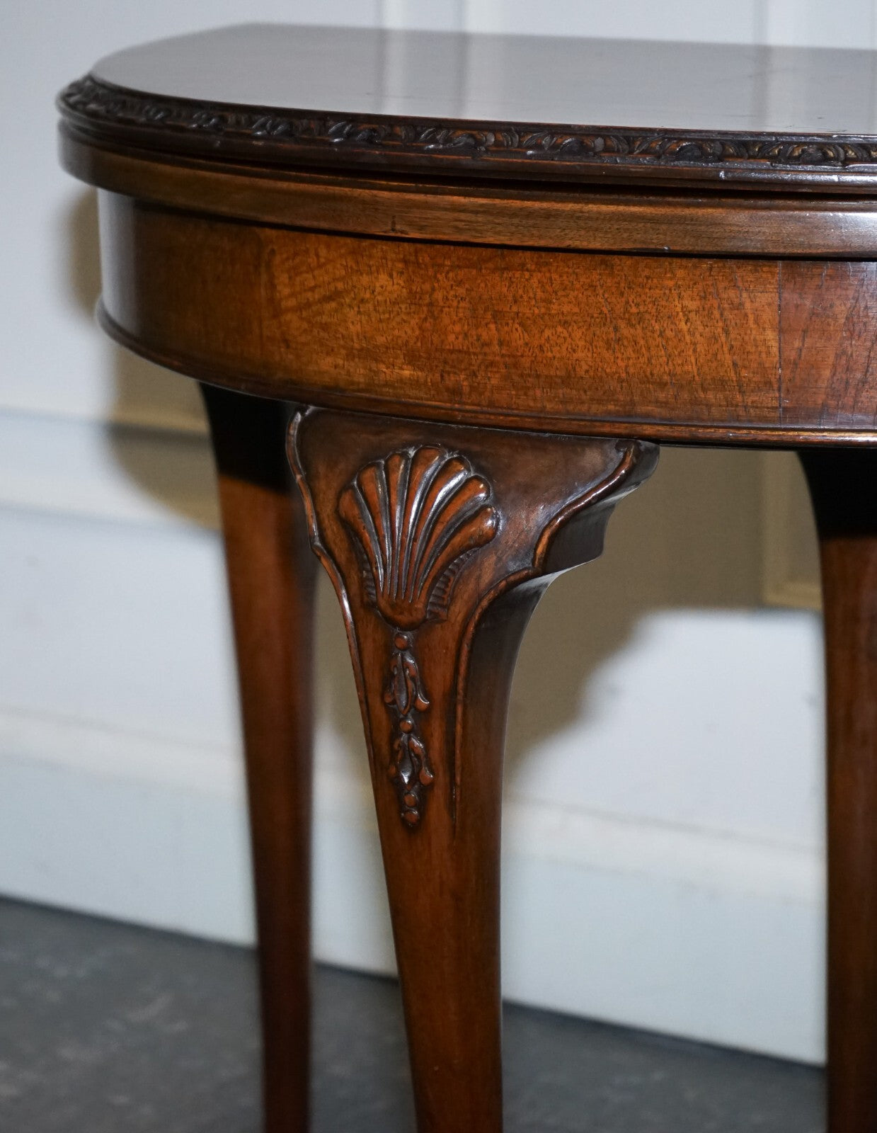 ANTIQUE BURR WALNUT DEMI LUNE CARD GAMES SIDE OCCASIONAL TABLE