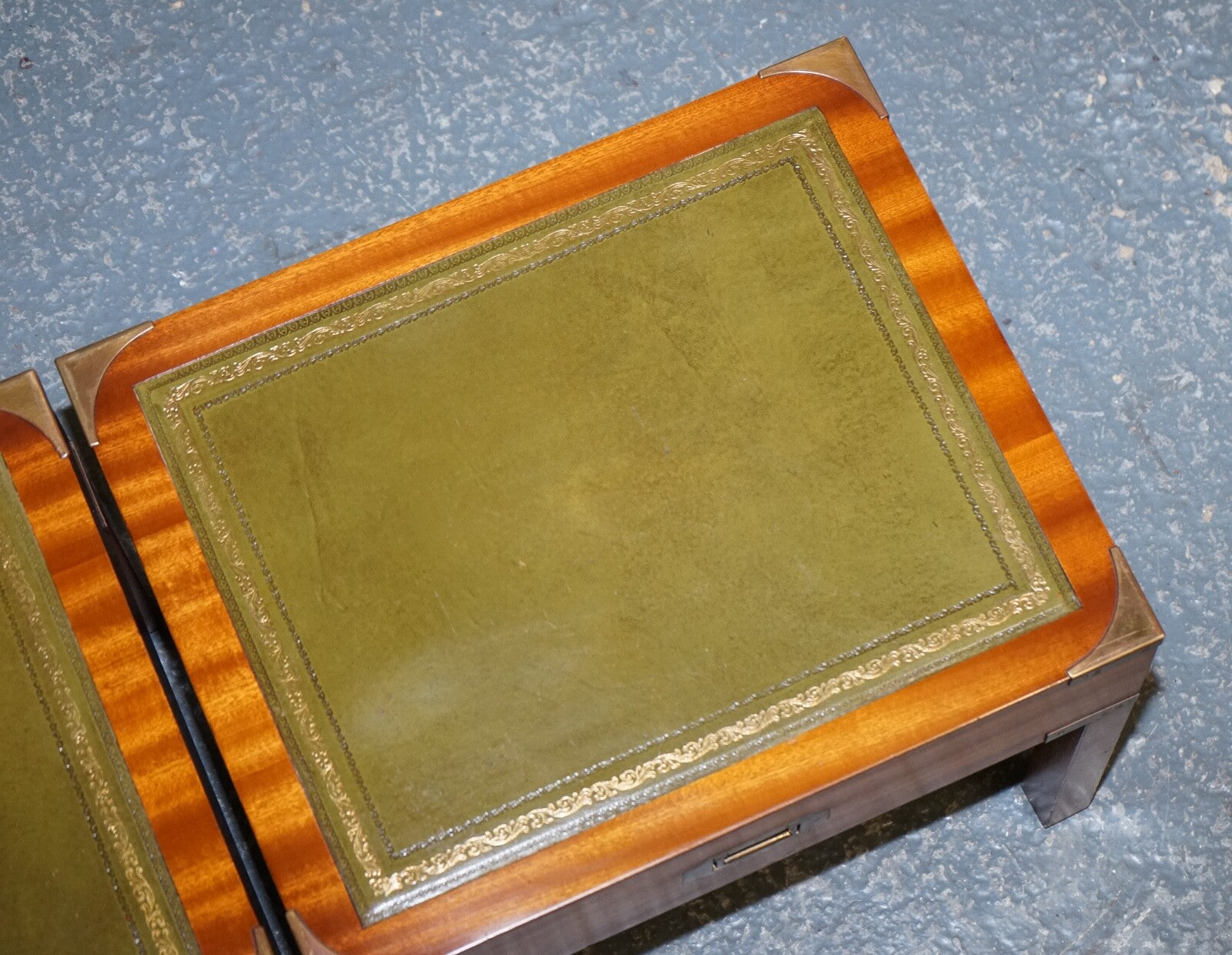 BEVAN FUNNELL COFFEE TABLE WITH TWO SIDE UNDERTABLES GREEN LEATHER TOP