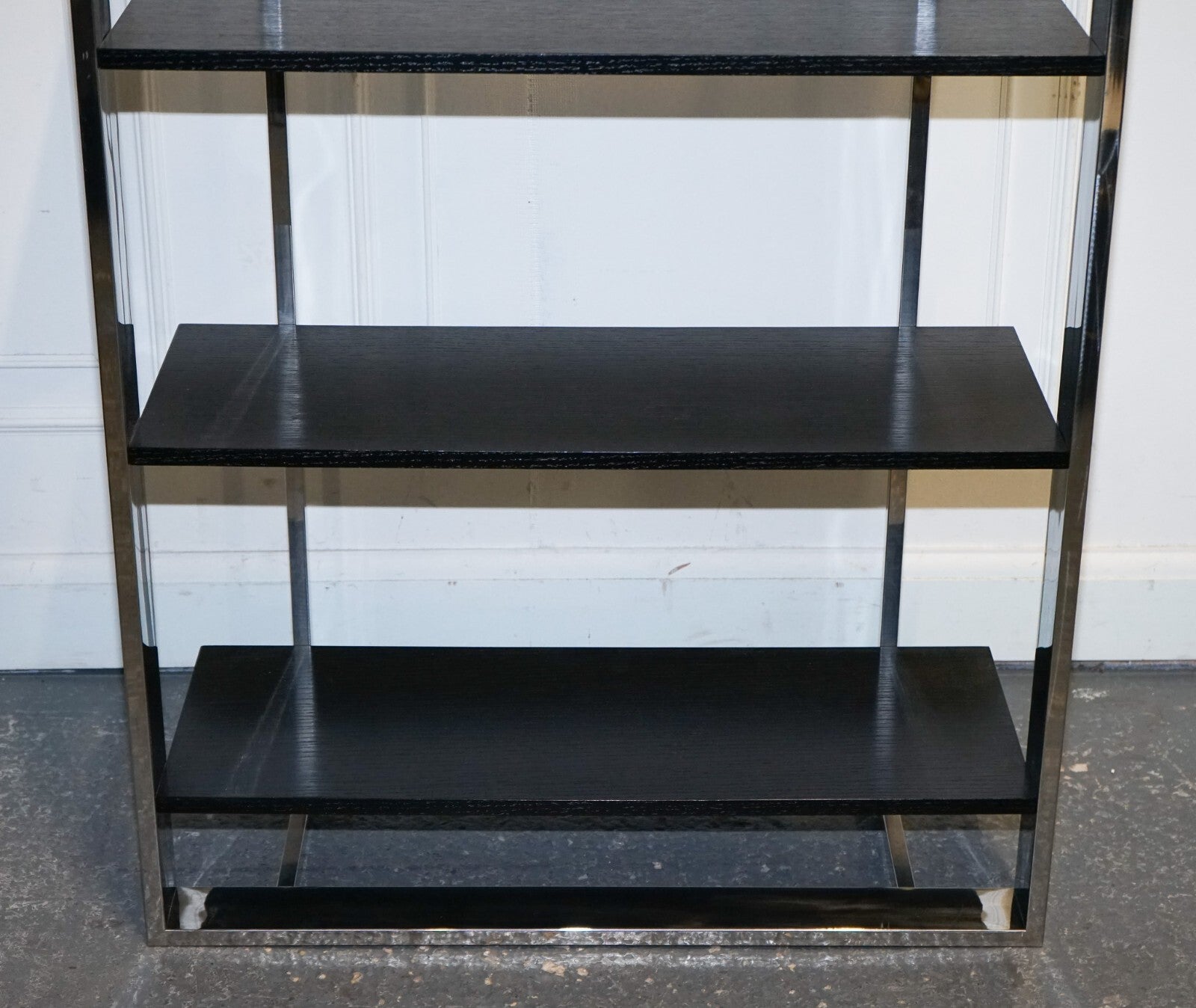 POLISHED STAINLESS STEEL BLACK AND SILVER ART DECO STYLE BOOKCASE SHELF DISPLAY