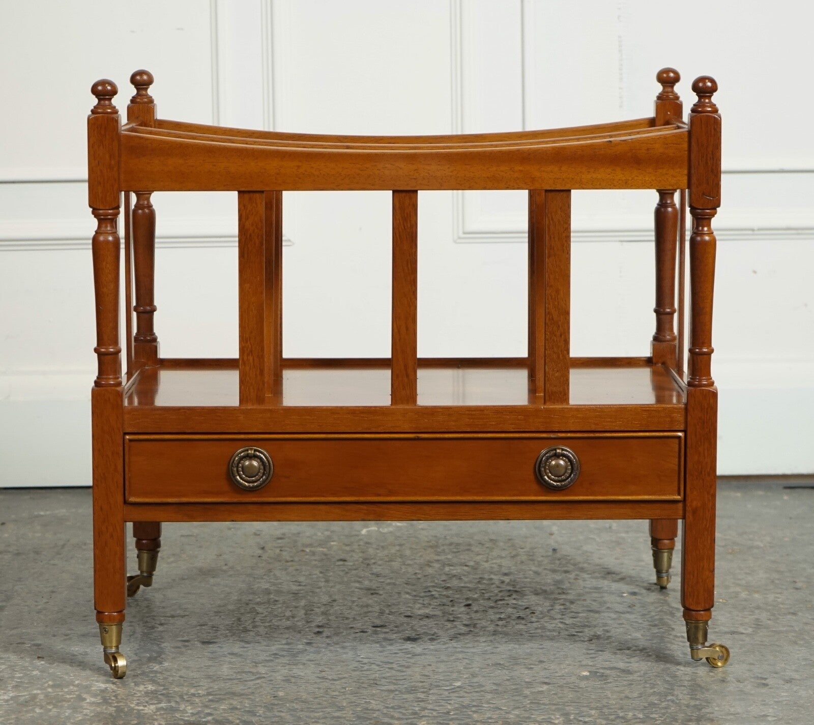 VINTAGE YEW WOOD CANTERBURY NEWSPAPER RACK WITH BRASS HANDLES AND DRAWER J1