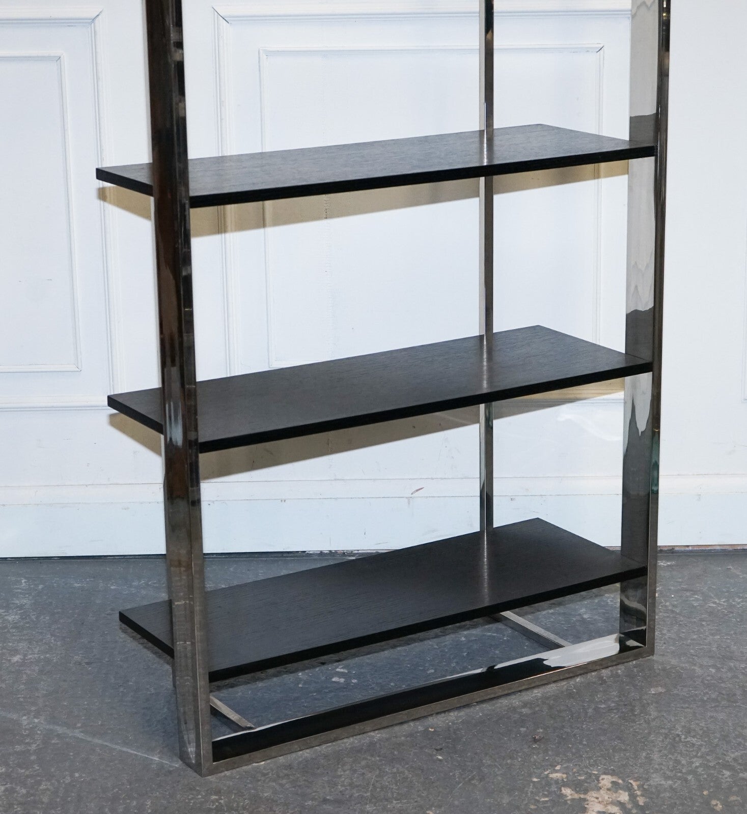 POLISHED STAINLESS STEEL BLACK AND SILVER ART DECO STYLE BOOKCASE SHELF DISPLAY
