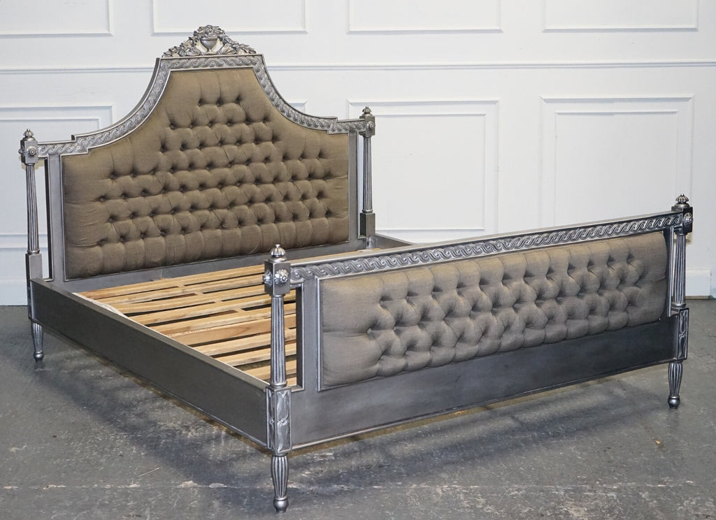 BEAUTIFUL FRENCH SILVER FRAME BUTTON BACKED KING SIZE WOODEN BED FRAME