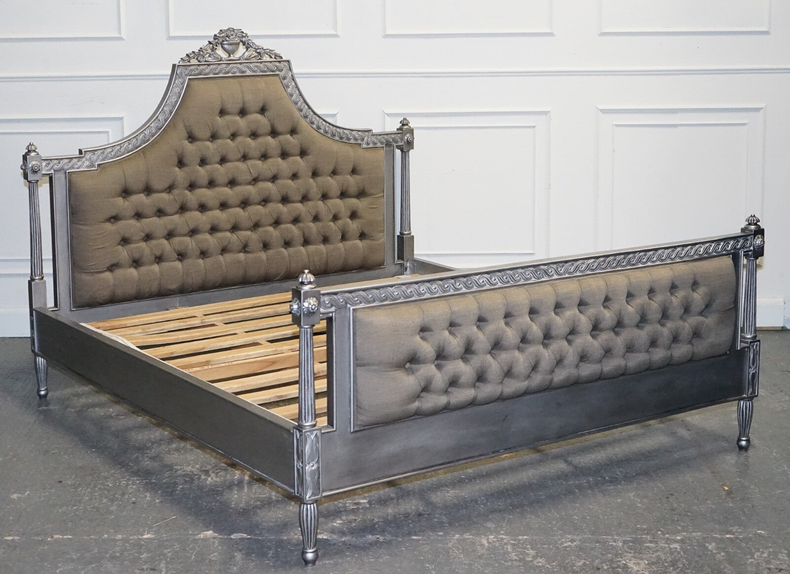 BEAUTIFUL FRENCH SILVER FRAME BUTTON BACKED KING SIZE WOODEN BED FRAME