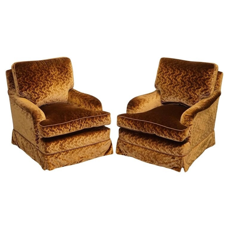 VINTAGE PAIR CUSTOM MADE BROWN GOLD VELVET CONNAUGHT ARMCHAIRS BY DUDGEON LONDON