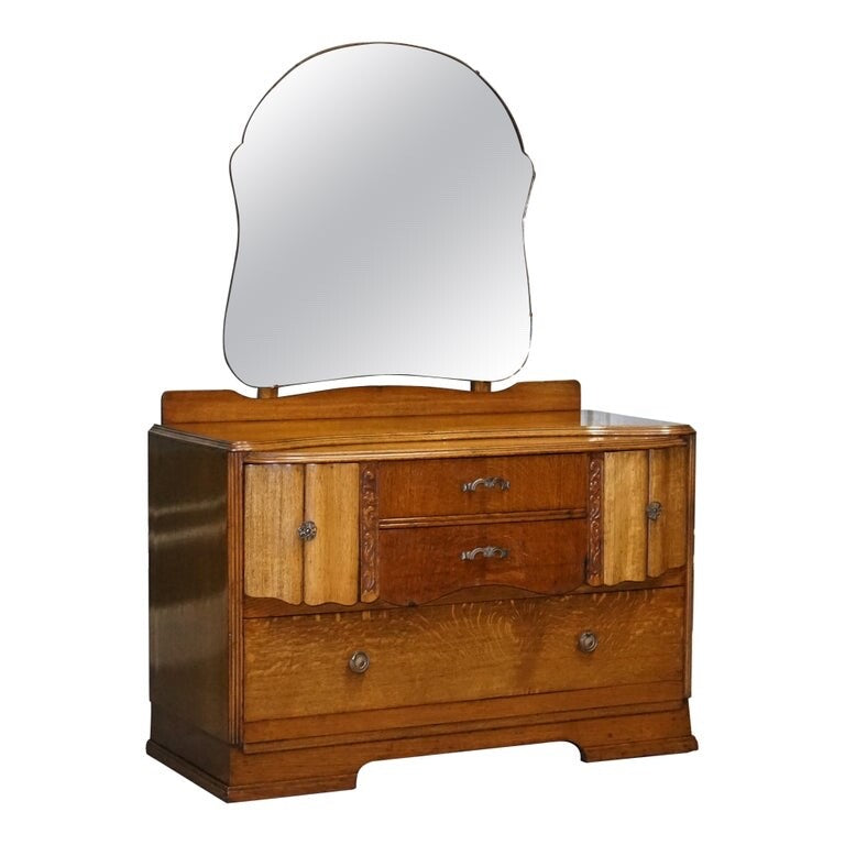 LOVELY VINTAGE ART DECO HAND CARVED OAK DRESSING TABLE WITH MIRROR