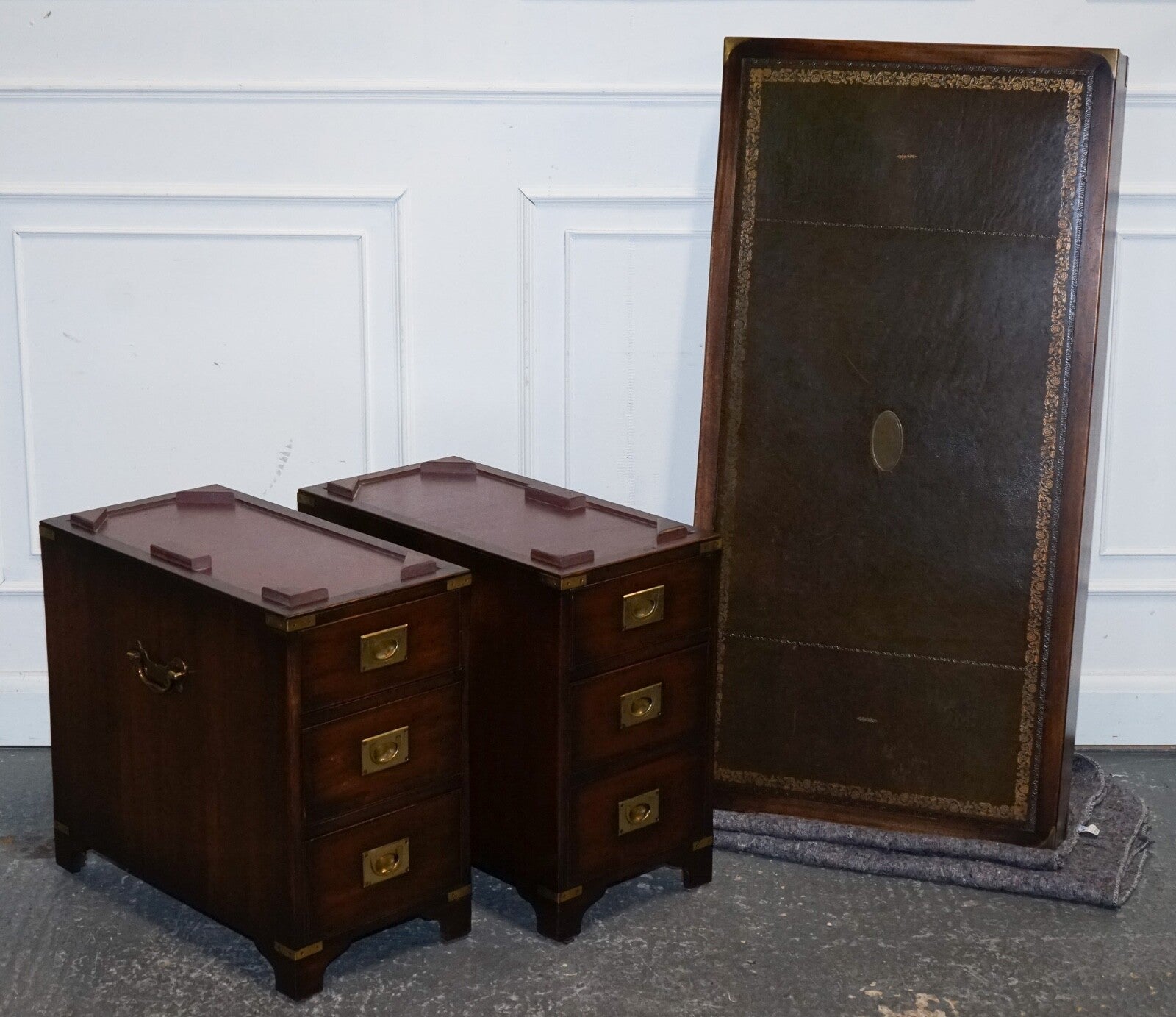 MILITARY CAMPAIGN TWIN PEDESTAL DESK WITH AGED GREEN LEATHER TOP BEVAN FUNELL