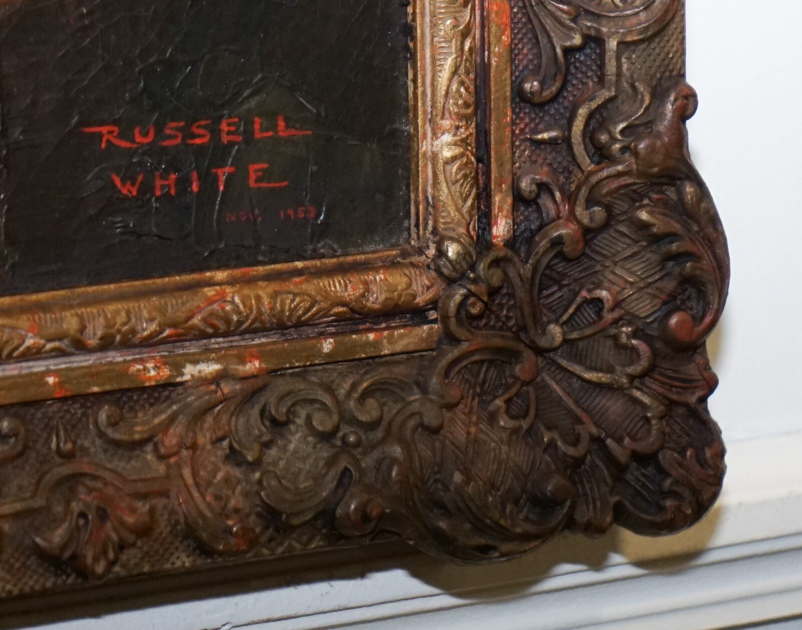 STILL LIFE PAINTING FLORAL BOUQUET GILTED FRAME SIGNED RUSSEL WHITE 1953