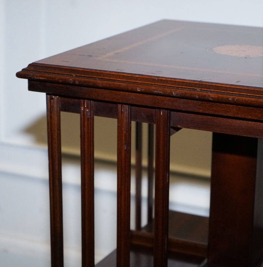 MID CENTRY SHERATON REVIVAL INLAID REVOLVING BOOKCASE END TABLE ON CASTORS